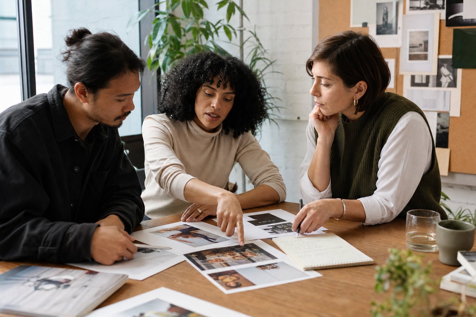 Communicatieteam beoordeelt campagnebeelden en notities rond een houten tafel
